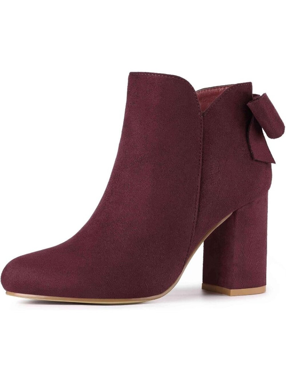 Women's Burgundy Round Toe Bow Decor Chunky Heel Side Zipper Stylish Ankle Boots